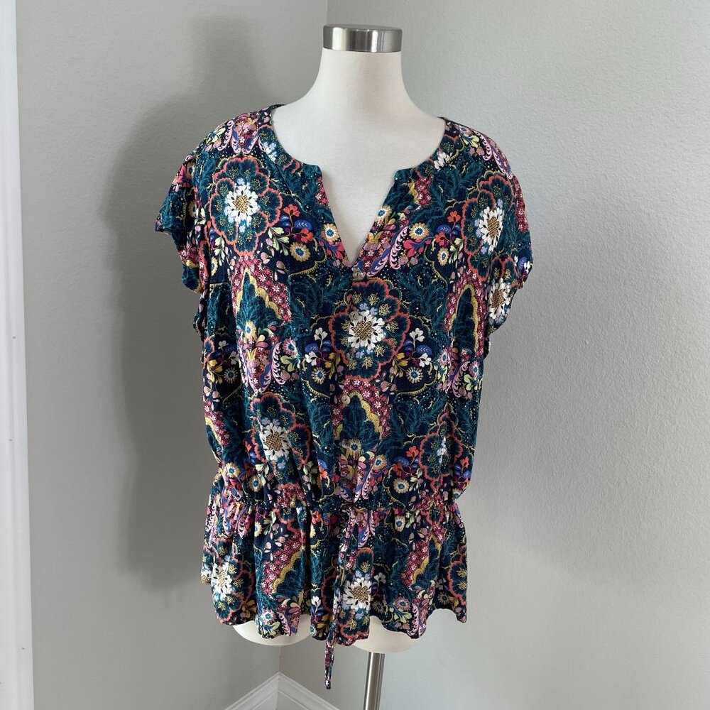 DR2 Womens Plus 3X Floral Cap Sleeve Peplum Top V Neck Blouse Shirt‎